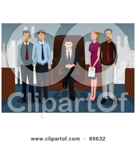 Royalty-Free (RF) Clipart Illustration of a Happy Business Team Standing Beside Their Seated Boss In An Urban Office by mayawizard101