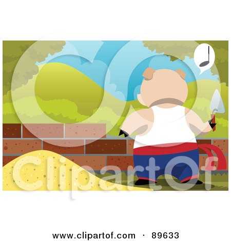 Royalty-Free (RF) Clipart Illustration of a Pig Building A House Of Bricks And Whistling by mayawizard101