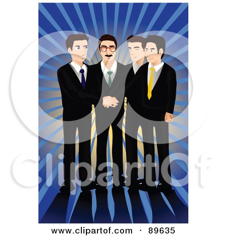Royalty-Free (RF) Clipart Illustration of a Team Of Four Professional Business Men With Piled Hands, Over A Blue Burst by mayawizard101