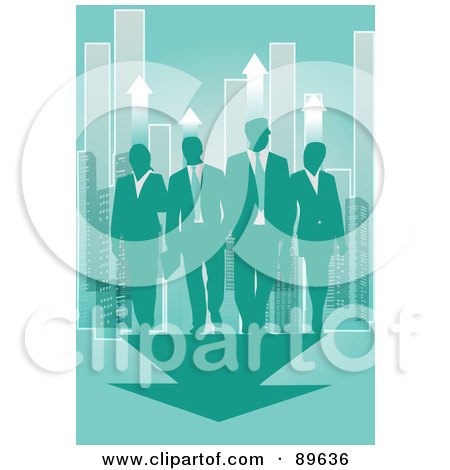 Royalty-Free (RF) Clipart Illustration of a Team Of Corporate Businessmen With Arrows In A City by mayawizard101