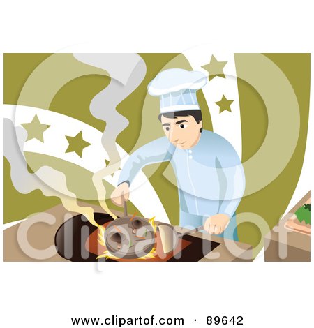 Royalty-Free (RF) Clipart Illustration of a Make Chef Cooking Mushrooms Over A Flame by mayawizard101