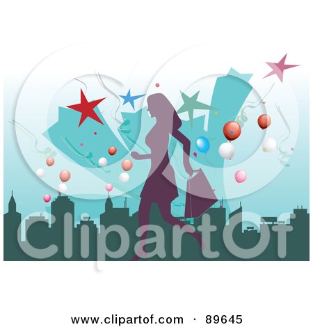 Royalty-Free (RF) Clipart Illustration of a Purple Female Shopper Over A City, With Stars And Balloons by mayawizard101
