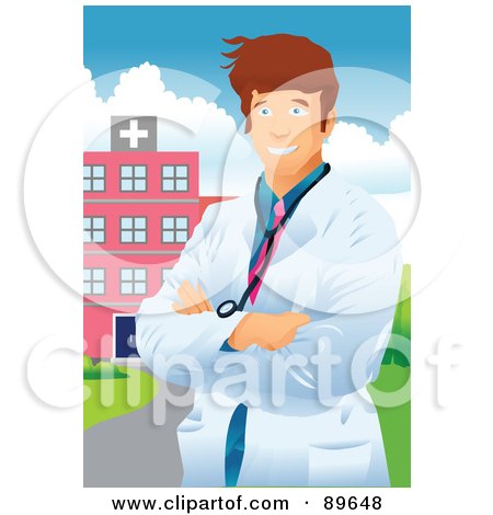 Royalty-Free (RF) Clipart Illustration of a Confident Male Doctor With His Arms Crossed, Standing Near A Hospital by mayawizard101
