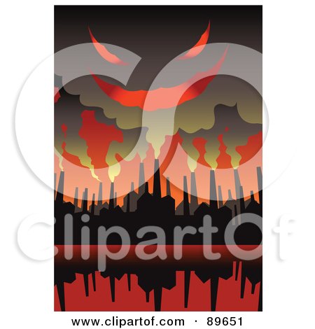 Royalty-Free (RF) Clipart Illustration of an Evil Cloud Of Smoke Above Factory Chimneys In A Red Sky by mayawizard101
