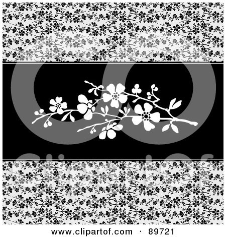 Royalty-Free (RF) Clipart Illustration of a Background Of Black Vines And White Blossoms In The Center by BestVector