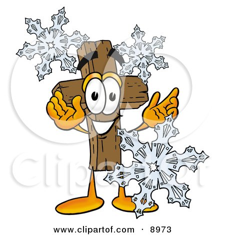 Clipart Picture of a Wooden Cross Mascot Cartoon Character With Three Snowflakes in Winter by Mascot Junction