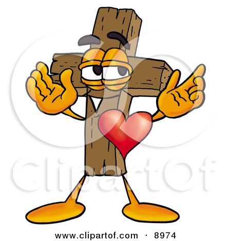Clipart Picture of a Wooden Cross Mascot Cartoon Character With His Heart Beating Out of His Chest by Mascot Junction