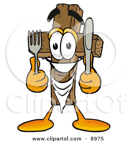 Clipart Picture of a Wooden Cross Mascot Cartoon Character Holding a Knife and Fork by Mascot Junction