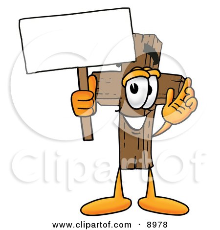 Clipart Picture of a Wooden Cross Mascot Cartoon Character Holding a Blank Sign by Mascot Junction