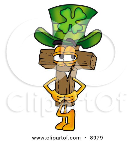 Clipart Picture of a Wooden Cross Mascot Cartoon Character Wearing a Saint Patricks Day Hat With a Clover on it by Mascot Junction