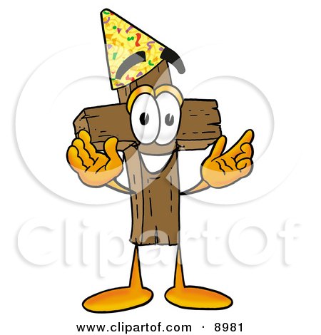 Clipart Picture of a Wooden Cross Mascot Cartoon Character Wearing a Birthday Party Hat by Mascot Junction