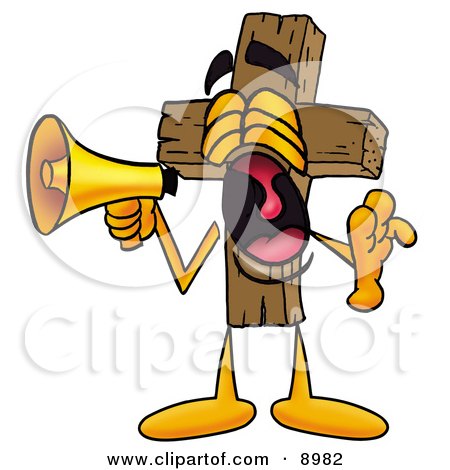 Clipart Picture of a Wooden Cross Mascot Cartoon Character Screaming Into a Megaphone by Mascot Junction