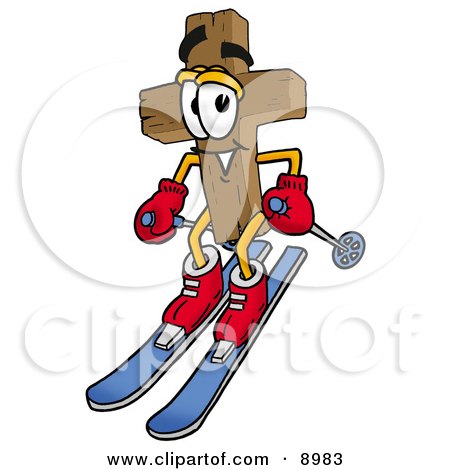 Clipart Picture of a Wooden Cross Mascot Cartoon Character Skiing Downhill by Mascot Junction