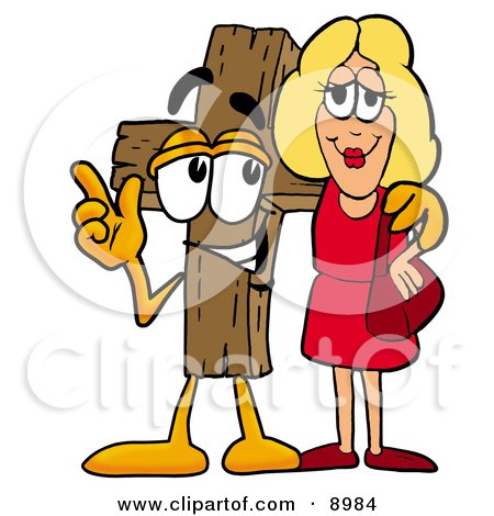 Clipart Picture of a Wooden Cross Mascot Cartoon Character Talking to a Pretty Blond Woman by Mascot Junction