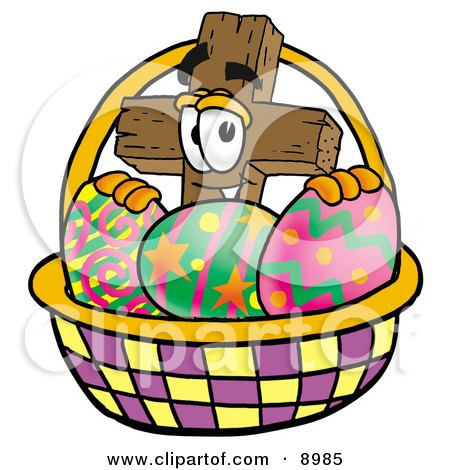 Clipart Picture of a Wooden Cross Mascot Cartoon Character in an Easter Basket Full of Decorated Easter Eggs by Mascot Junction