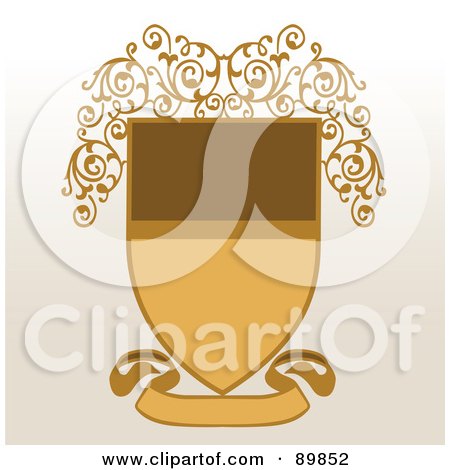 Royalty-Free (RF) Clipart Illustration of a Brown And Beige Shield With A Blank Banner And Vines Over Beige by BestVector