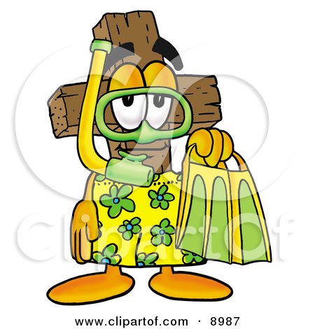Clipart Picture of a Wooden Cross Mascot Cartoon Character in Green and Yellow Snorkel Gear by Mascot Junction