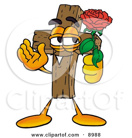 Clipart Picture of a Wooden Cross Mascot Cartoon Character Holding a Red Rose on Valentines Day by Mascot Junction