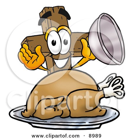 Clipart Picture of a Wooden Cross Mascot Cartoon Character Serving a Thanksgiving Turkey on a Platter by Mascot Junction