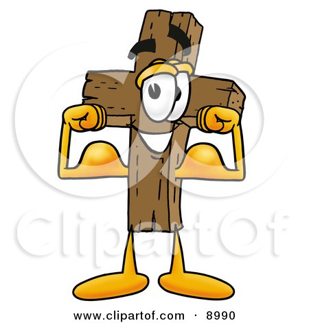 Clipart Picture of a Wooden Cross Mascot Cartoon Character Flexing His Arm Muscles by Mascot Junction