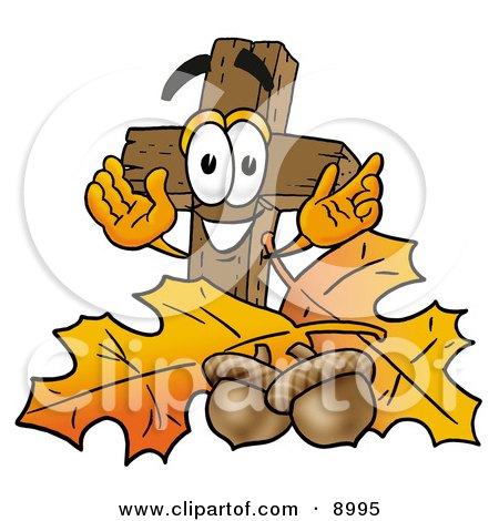 Clipart Picture of a Wooden Cross Mascot Cartoon Character With Autumn Leaves and Acorns in the Fall by Mascot Junction