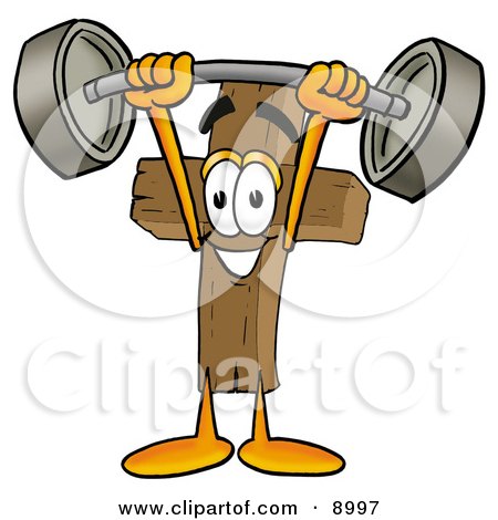 Clipart Picture of a Wooden Cross Mascot Cartoon Character Holding a Heavy Barbell Above His Head by Mascot Junction