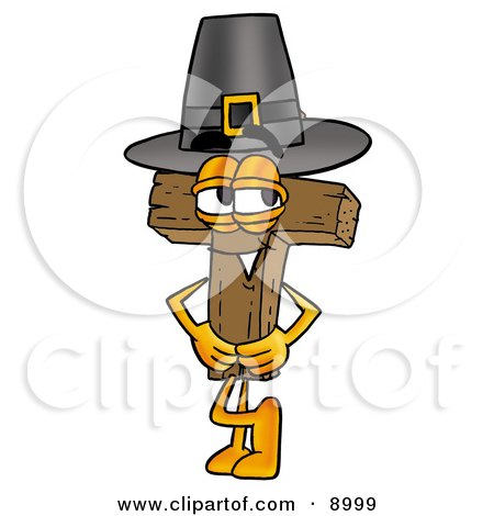 Clipart Picture of a Wooden Cross Mascot Cartoon Character Wearing a Pilgrim Hat on Thanksgiving by Mascot Junction