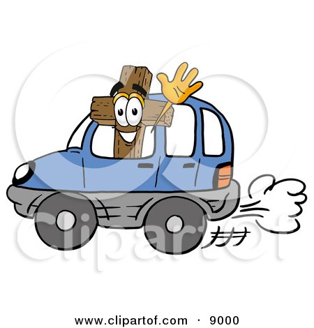 Clipart Picture of a Wooden Cross Mascot Cartoon Character Driving a Blue Car and Waving by Mascot Junction