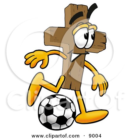 Clipart Picture of a Wooden Cross Mascot Cartoon Character Kicking a Soccer Ball by Mascot Junction