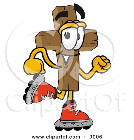 Clipart Picture of a Wooden Cross Mascot Cartoon Character Roller Blading on Inline Skates by Mascot Junction