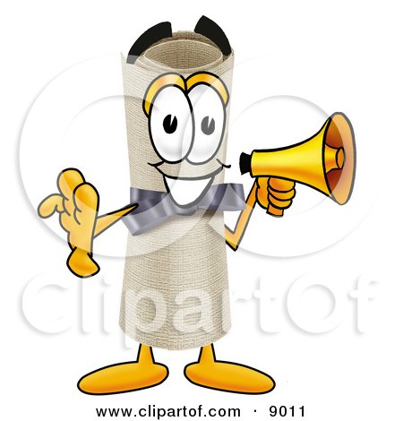Clipart Picture of a Diploma Mascot Cartoon Character Screaming Into a Megaphone by Mascot Junction