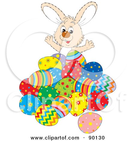 Royalty-Free (RF) Clipart Illustration of a Friendly Beige Easter Bunny Behind A Pile Of Eggs by Alex Bannykh