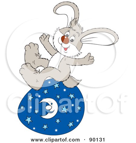 Royalty-Free (RF) Clipart Illustration of a Gray Easter Bunny Sitting On A Celestial Egg by Alex Bannykh