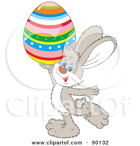 Royalty-Free (RF) Clipart Illustration of a Gray Easter Bunny Holding Up A Striped Egg by Alex Bannykh