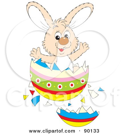 Royalty-Free (RF) Clipart Illustration of a Beige Easter Bunny Bursting From An Egg by Alex Bannykh