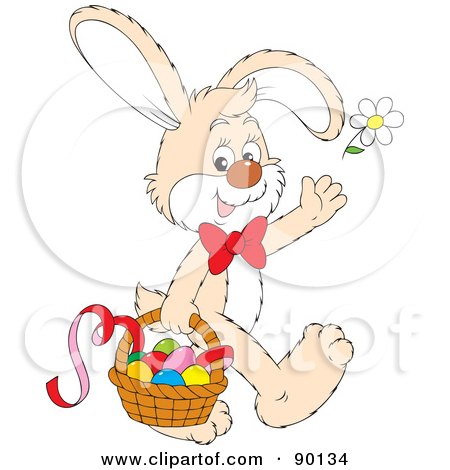 Royalty-Free (RF) Clipart Illustration of a Friendly Beige Easter Bunny Carrying A Basket Of Eggs And Tossing A Flower by Alex Bannykh