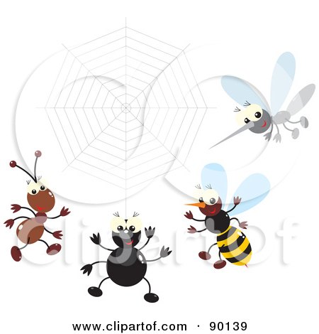 Royalty-Free (RF) Clipart Illustration of a Digital Collage Of A Mosquito, Bee, Spider And Ant By A Spider Web by Alex Bannykh