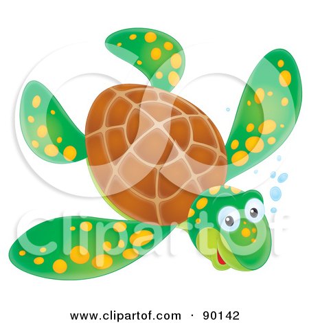 Royalty-Free (RF) Clipart Illustration of an Airbrushed Wild Green Sea Turtle With Yellow Spots And Bubbles by Alex Bannykh