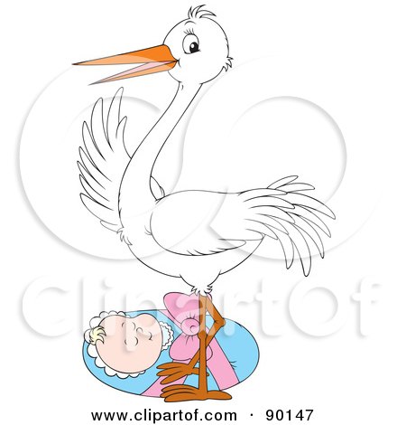 Royalty-Free (RF) Clipart Illustration of a White Stork Standing Over A Bundled Baby by Alex Bannykh