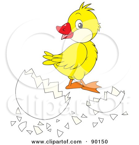 Royalty-Free (RF) Clipart Illustration of a Yellow Duckling By A Cracked Egg by Alex Bannykh