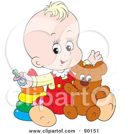 Royalty-Free (RF) Clipart Illustration of a Blond Baby Playing With A Teddy Bear And Rings by Alex Bannykh