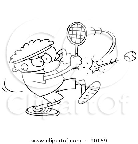 Royalty-Free (RF) Clipart Illustration of an Outlined Toon Guy Playing Tennis by gnurf