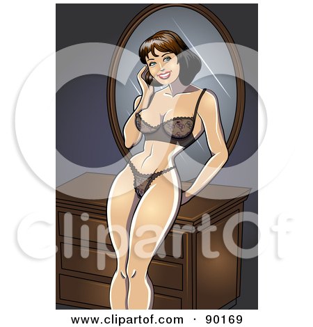 Royalty-Free (RF) Clipart Illustration of a Sexy Pinup Woman In Her Lingerie, Leaning Against A Dresser And Touching Her Hair by r formidable