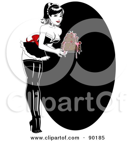 Royalty-Free (RF) Clipart Illustration of a Sexy Baker Pinup Woman Carrying A Cake With Dripping Frosting by r formidable
