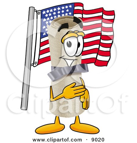 Clipart Picture of a Diploma Mascot Cartoon Character Pledging Allegiance to an American Flag by Mascot Junction