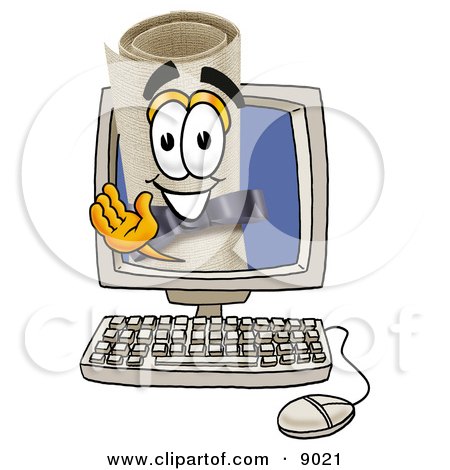 Clipart Picture of a Diploma Mascot Cartoon Character Waving From Inside a Computer Screen by Mascot Junction