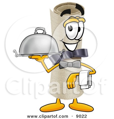 Clipart Picture of a Diploma Mascot Cartoon Character Dressed as a Waiter and Holding a Serving Platter by Mascot Junction