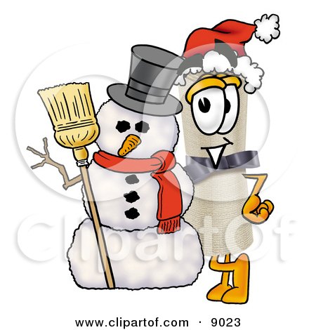 Clipart Picture of a Diploma Mascot Cartoon Character With a Snowman on Christmas by Mascot Junction