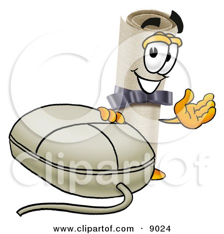 Clipart Picture of a Diploma Mascot Cartoon Character With a Computer Mouse by Mascot Junction