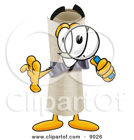 Clipart Picture of a Diploma Mascot Cartoon Character Looking Through a Magnifying Glass by Mascot Junction
